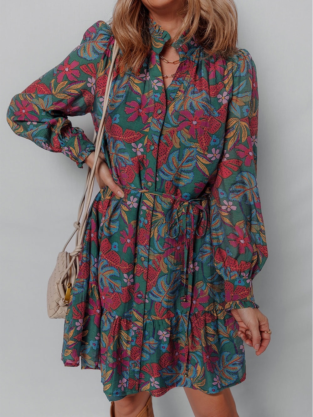 Fate Floral Tie-Waist Long Sleeve Dress - Green